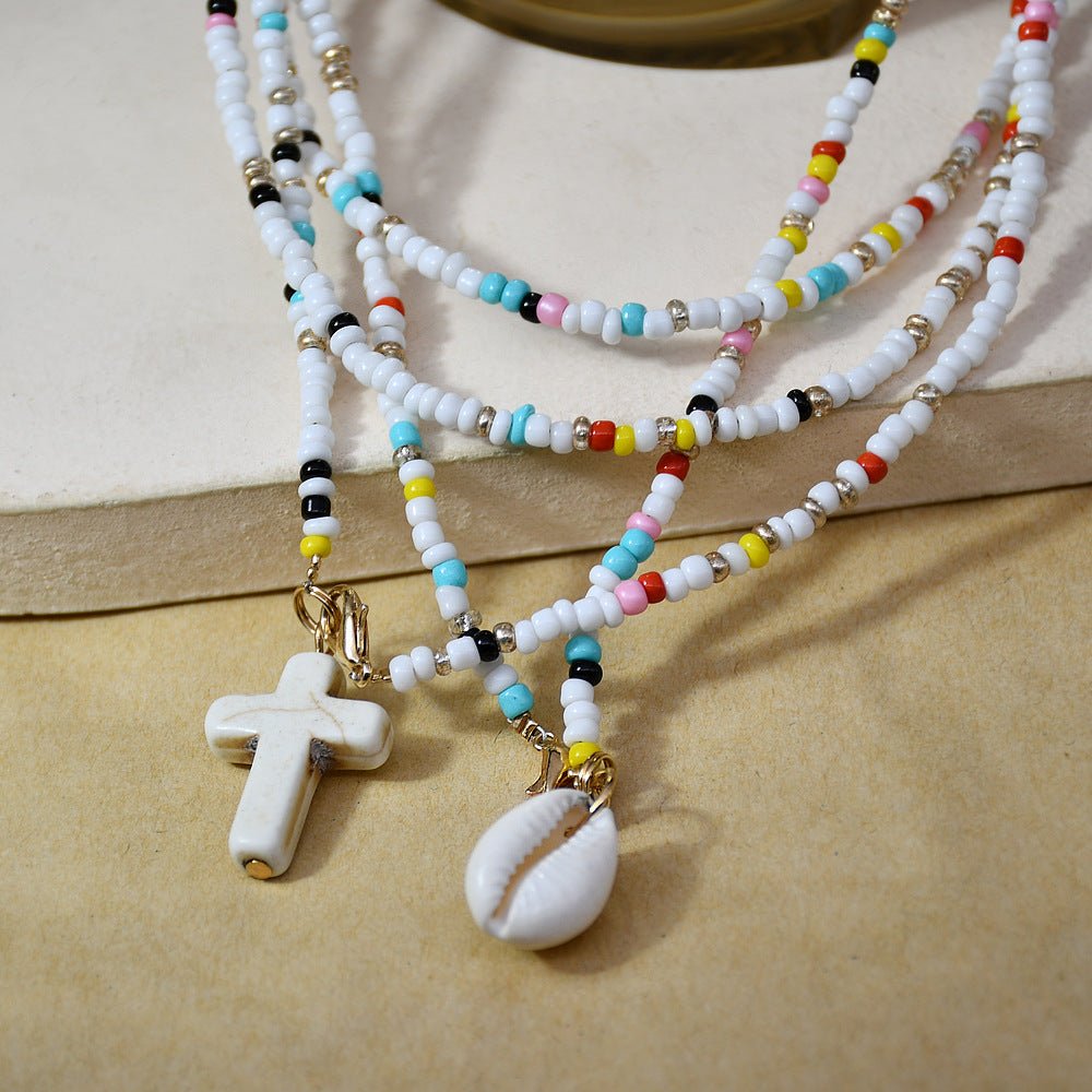 Handmade Color Small Rice-shaped Beads Long Double-layer Shell Cross Pendant Necklace - Akashicglobal