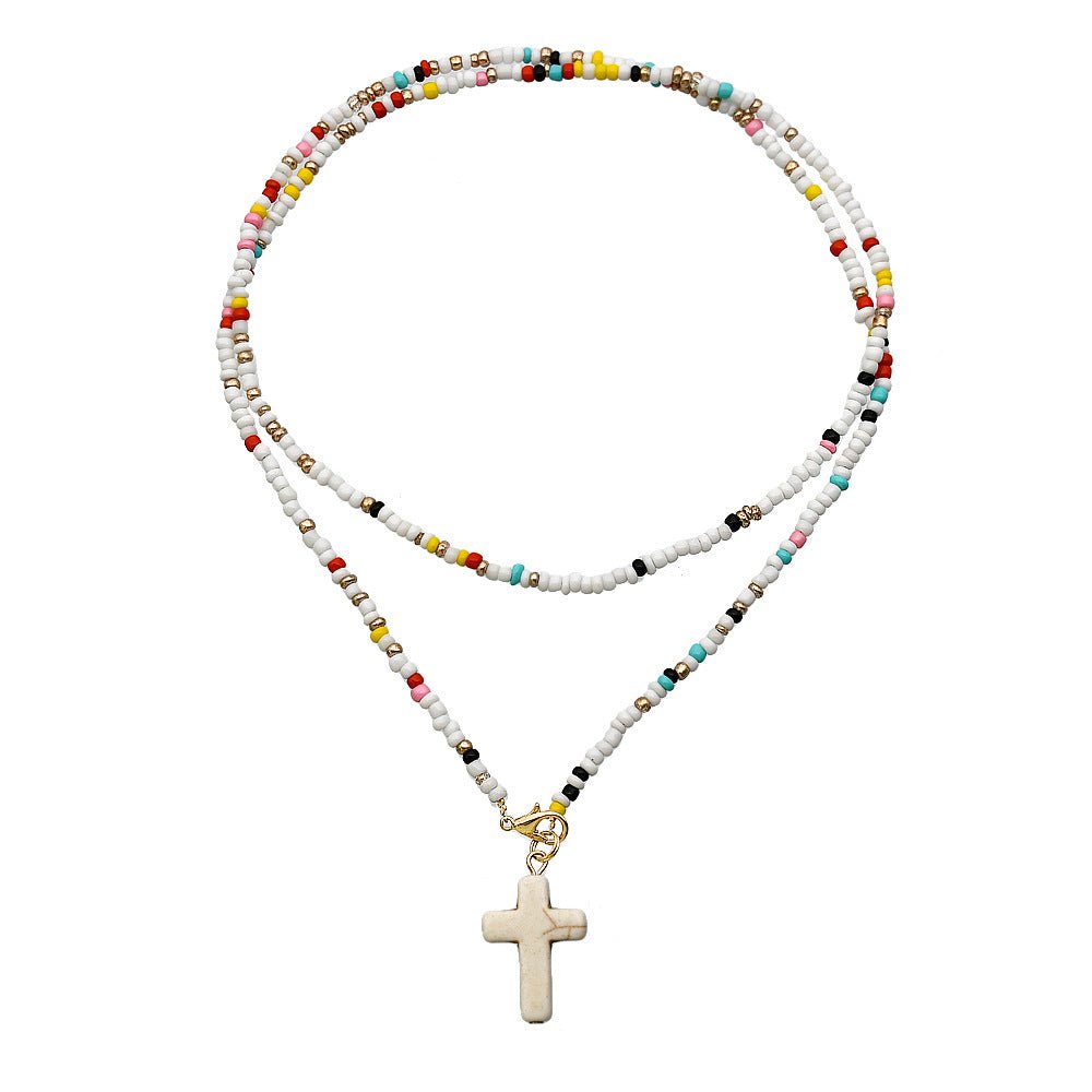 Handmade Color Small Rice-shaped Beads Long Double-layer Shell Cross Pendant Necklace - Akashicglobal