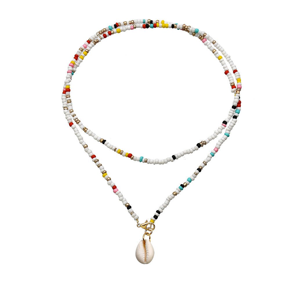 Handmade Color Small Rice-shaped Beads Long Double-layer Shell Cross Pendant Necklace - Akashicglobal