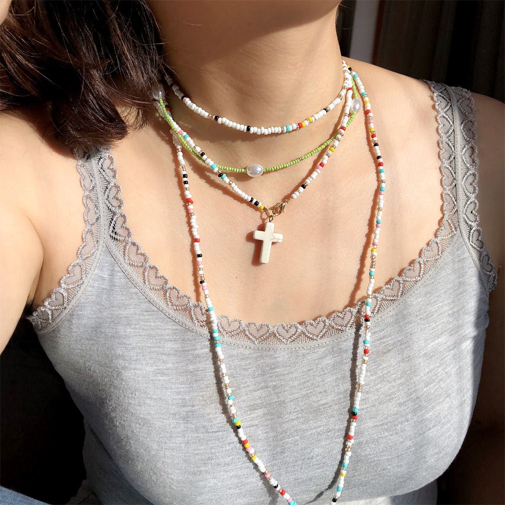 Handmade Color Small Rice-shaped Beads Long Double-layer Shell Cross Pendant Necklace - Akashicglobal