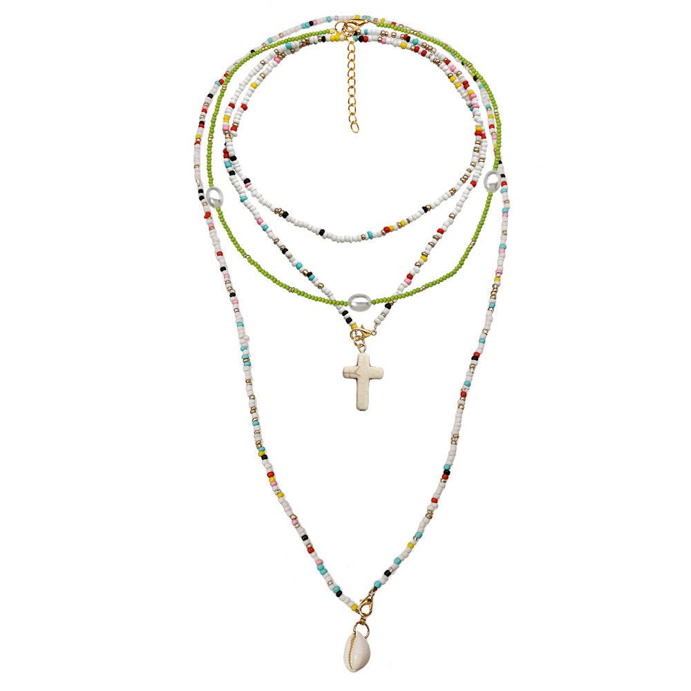 Handmade Color Small Rice-shaped Beads Long Double-layer Shell Cross Pendant Necklace - Akashicglobal